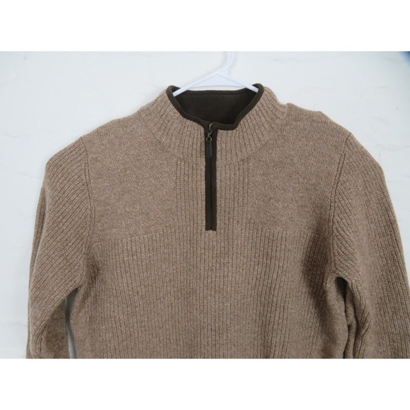 L.L.Bean Sweater Mens XL Brown Merino Lambswool Quarter Zip Mock Neck Rib Knit - Picture 2 of 7